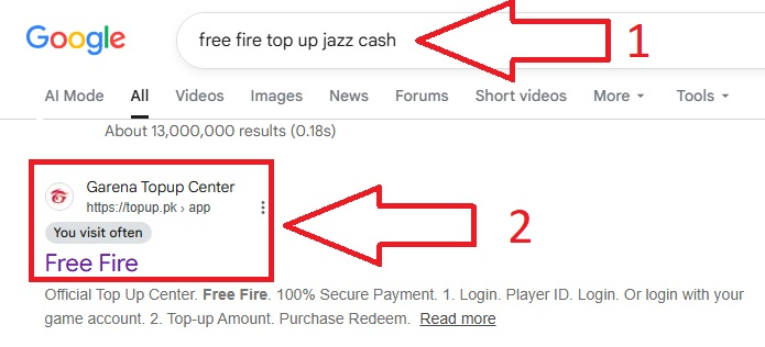 Free Fire Top Up Jazz Cash - Step 1